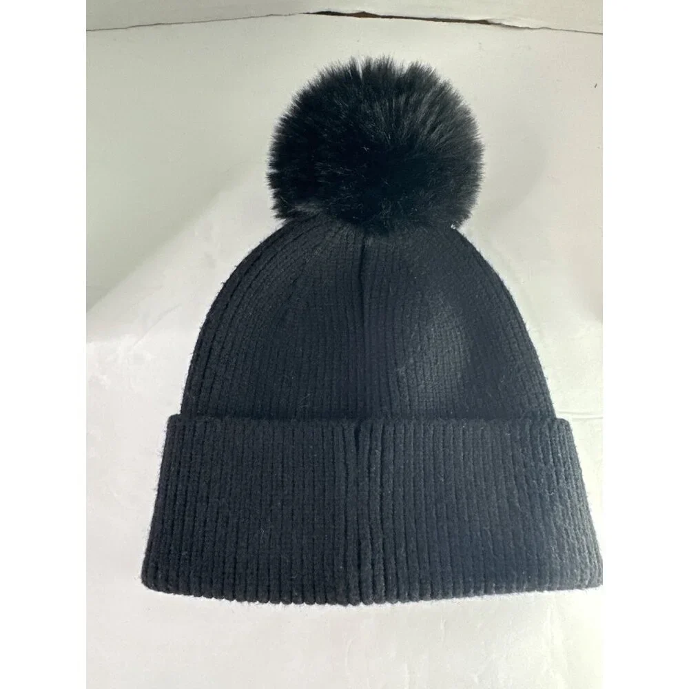 Madden NYC Women’s Beanie Ribbed Fleece Winter Hat Pom Pom Faux Fur Black Y2K